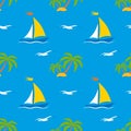 Yellow sailboat on the waves, palms with seagulls on a blue background. Seamless background