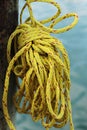 Yellow sailing Rope Coil hanging on the wooden bollard in harbor. Blue sea water on the blurred background. Closeup. Selective Royalty Free Stock Photo