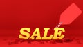 Yellow sale sign with Price tag on crack red ground. Shopping concept, 3D rendering Royalty Free Stock Photo