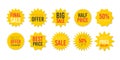 Yellow sale starburst sticker set - star edge round labels and badges with best offer and discount signs. Royalty Free Stock Photo