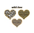 Yellow, sand color and gold skin leopard print in heart shape variation and wild love lettering for hoodie, bag, t-shirt