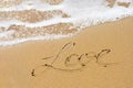 Yellow sand on Mediterranean sea shore with foamy wave and written word `love`.