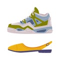 Yellow Sandal with Strap and Sneaker or Running Shoe as Casual Sport Footwear Vector Set Royalty Free Stock Photo