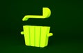 Yellow Sauna bucket and ladle icon isolated on green background. Minimalism concept. 3d illustration 3D render