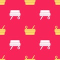 Yellow Sauna bucket and ladle icon isolated seamless pattern on red background. Vector