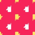 Yellow Sauna mittens icon isolated seamless pattern on red background. Mitten for spa. Vector