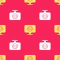 Yellow Scallop sea shell icon isolated seamless pattern on red background. Seashell sign. Vector