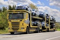 Yellow Scania R500 Car Carrier Hauls New Cars