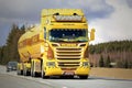 Yellow Scania R520 Tank Truck on the Road