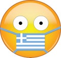 Yellow scared emoji in Greek medical mask protecting from SARS, coronavirus, bird flu and other viruses, germs and bacteria and