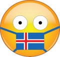 Yellow scared emoji in Icelander medical mask protecting from SARS, coronavirus, bird flu and other viruses, germs and bacteria