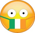 Yellow scared emoji in Irish medical mask protecting from SARS, coronavirus, bird flu and other viruses, germs and bacteria and