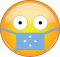 Yellow scared emoji in Micronesian medical mask protecting from SARS, coronavirus, bird flu and other viruses, germs and bacteria