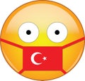 Yellow scared emoji in Turkish medical mask protecting from SARS, coronavirus, bird flu and other viruses, germs and bacteria and