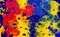 Yellow, scarlet and blue watercolor ink in blue oil water. Cool trending screensaver Royalty Free Stock Photo