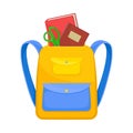 Yellow school backpack with a blue pocket. Vector illustration on a white background.