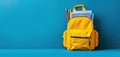 yellow school backpack with books and pencils on blue background. copy space Royalty Free Stock Photo