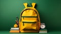 Yellow school backpack with bright green zippers, stacks of books, notebooks, clock, green background, back to school, copy space