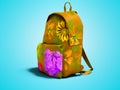 Yellow school backpack with flowers front view 3d render on blue background with shadow Royalty Free Stock Photo