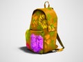 Yellow school backpack with flowers front view 3d render on gray background with shadow Royalty Free Stock Photo