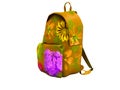 Yellow school backpack with flowers front view 3d render on white background no shadow Royalty Free Stock Photo