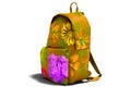 Yellow school backpack with flowers front view 3d render on white background with shadow Royalty Free Stock Photo