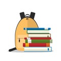 Yellow school backpack in front of stack of books isolated on white background. Royalty Free Stock Photo