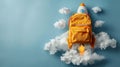 A yellow school backpack sits on a white rocket flying through the clouds. Back to school Royalty Free Stock Photo