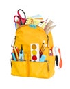 Yellow school backpack with school supplies isolated on white background Royalty Free Stock Photo