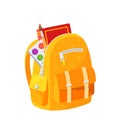 Yellow School Bag With Dotted Pattern, Accompanied By Textbook, Paintbrush and Paints. Great For Promoting School