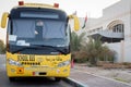 Yellow school bus in Abu Dhabi, United Arab Emirates, Dubai, Emirates, Gulf, Middle east. Awareness signs and symbol was written