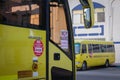 Yellow school bus in Abu Dhabi, United Arab Emirates, Dubai, Emirates, Gulf, Middle east. Awareness signs and symbol was written