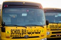 Yellow school bus in Abu Dhabi, United Arab Emirates, Dubai, Emirates, Gulf, Middle east. Awareness signs and symbol was written