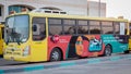 Yellow school bus in Abu Dhabi, United Arab Emirates, Dubai, Emirates, Gulf, Middle east. Awareness signs and symbol was written