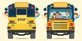 Yellow school bus back and front view with happy smiling kids riding on the school bus Royalty Free Stock Photo