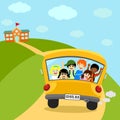 Yellow school bus back side view with happy six student children go to school. Royalty Free Stock Photo