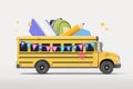 Yellow school bus with back to school sign and big school supplies inside Royalty Free Stock Photo