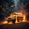 a yellow school bus is burning up on the street by itself Royalty Free Stock Photo