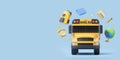 Yellow school bus with diverse education accessories flying on empty background Royalty Free Stock Photo