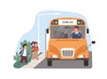 Yellow school bus driver arrived at stop with children. Kids entering schoolbus. Transport for schoolchildren. Flat Royalty Free Stock Photo