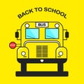 Yellow school bus in front view with stop sign isolated on background. Education, teaching concept. Vector flat cartoon design Royalty Free Stock Photo
