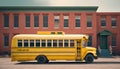 Yellow school bus parked in front of a row of old school buildings
