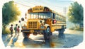 A yellow school bus parked on a street with children waiting to board