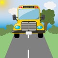 Yellow school bus rides on an asphalt road. Foreground. Green meadow and trees. Back to school. Vector landscape Royalty Free Stock Photo