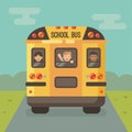 Yellow school bus on the road with three children Royalty Free Stock Photo