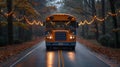 Yellow school bus on road in woods, leaves on bus Royalty Free Stock Photo