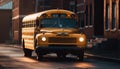 Yellow school bus speeds through city traffic, illuminating architecture at dusk generated by AI Royalty Free Stock Photo