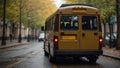 yellow school bus is standing on a narrow city road with the brake lights on Royalty Free Stock Photo