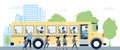 Yellow school bus, student go to transport. Cartoon pupil morning, children with backpack go to study. Kid