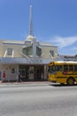 Yellow school bus and Tower Theatre in Little Havana, Miami, Florida